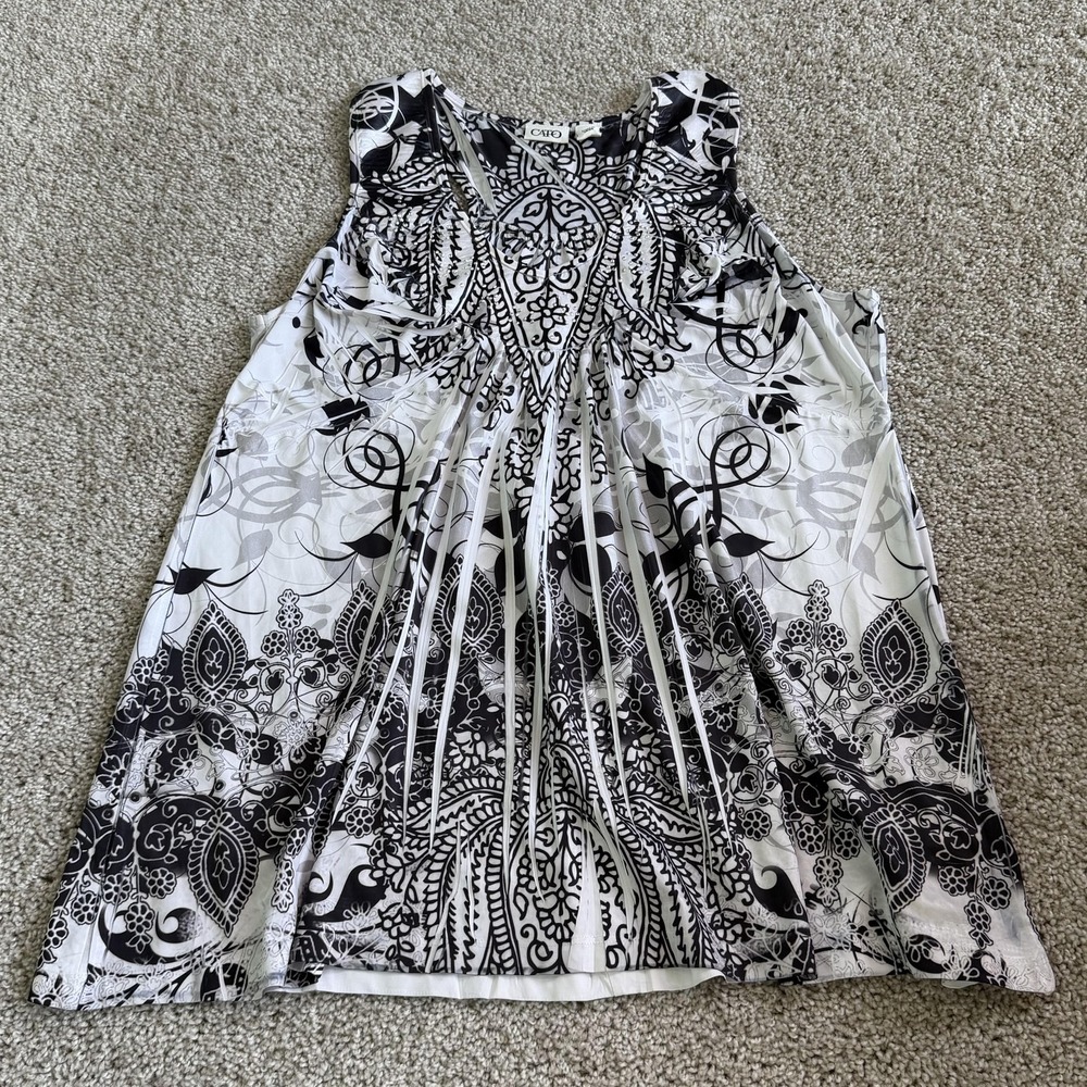 Cato Tank Top Womens XL White Black Paisley Pleated Scoop Neck Sleeveless Tunic
